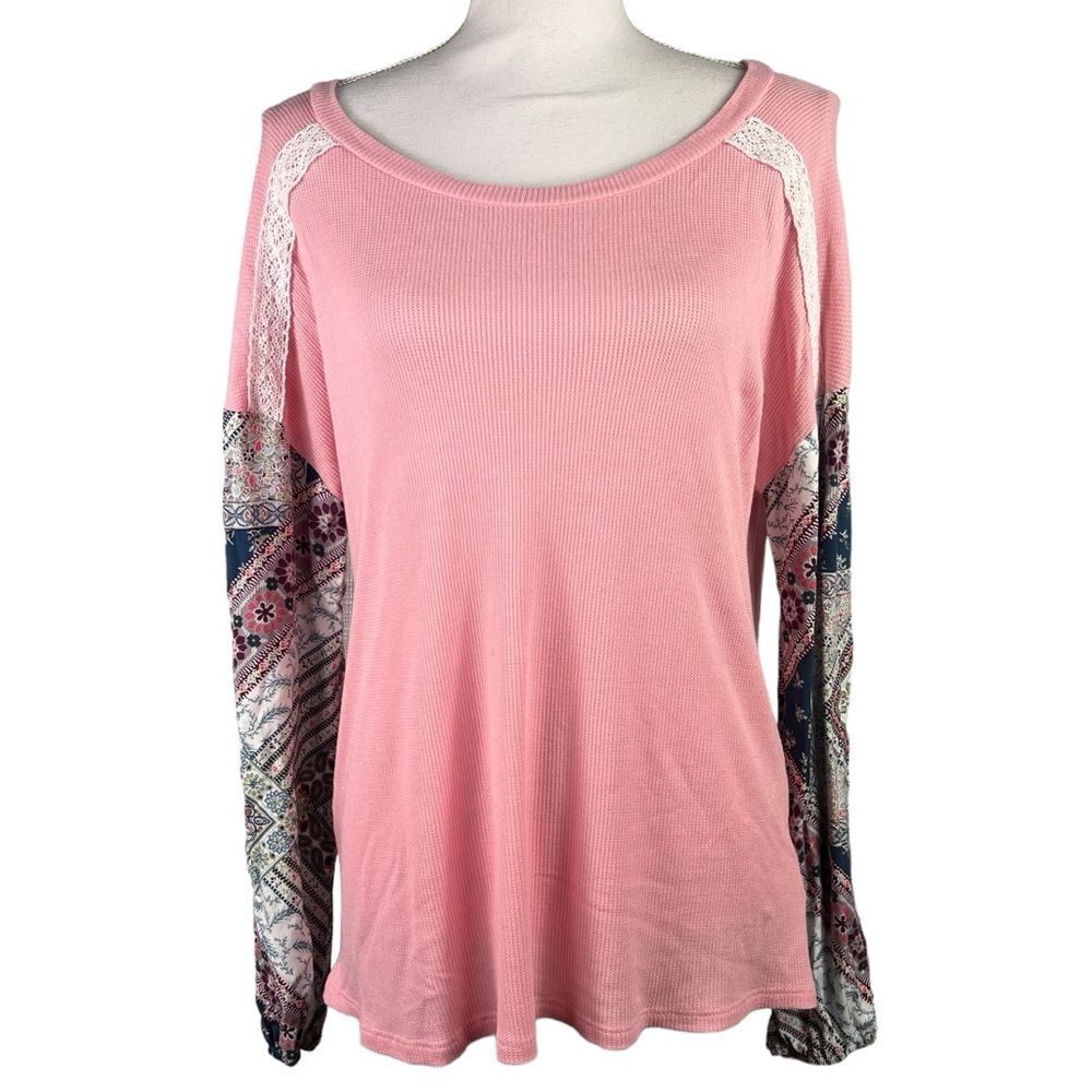 New Francesca’s Alya Pink Thermal Mixed Media Shirt Pullover Medium Boho Blush